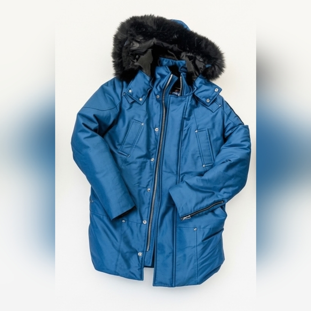 Moose Knuckles Blue Stirling Parka with Black Fur Trim